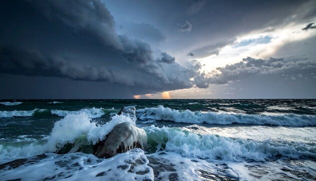 Stormy ocean scene with waves crashing against a rocky shore, under a dramatic cloudy sky with patches of sunlight