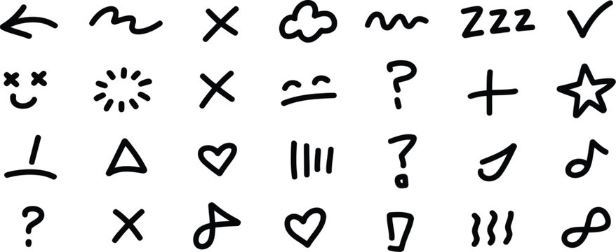 Hand Drawn Doodle Symbols and Shapes Arrows, Hearts, Stars, Question Marks, and More