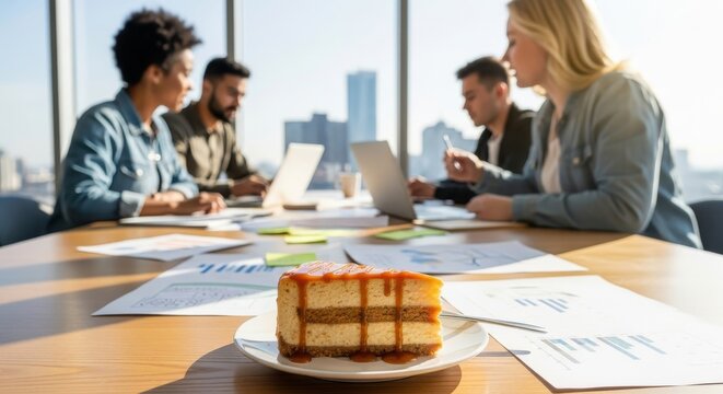 A slice of caramel cake sits on a plate in the foreground of a business meeting with diverse colleagues working on laptops and documents in a bright, modern office with a city view