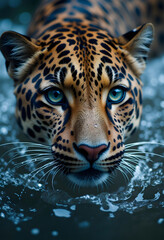 Obraz premium Closeup of a Leopard with Striking Blue Eyes in Water