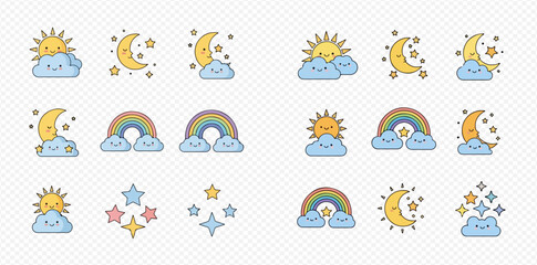 Cute cartoon weather and celestial icons featuring sun, moon, stars, clouds, and rainbows with smiling faces, isolated on a transparent background.