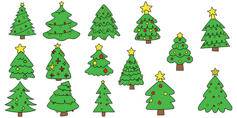 Hand-drawn cartoon set of Christmas trees on a white background.