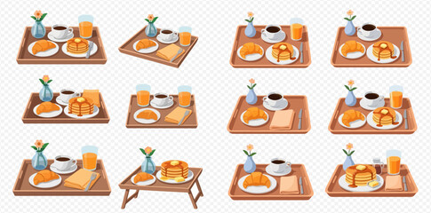 Multiple illustrations of breakfast trays featuring pancakes, croissants, coffee, and orange juice, presented in a clean, vector art style.