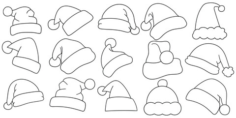 Hand-drawn doodle set of Christmas Santa Claus hats on a white background.