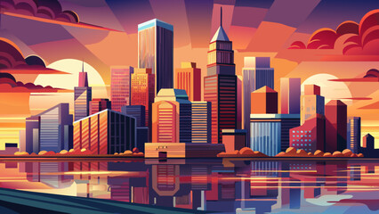 Very beautiful sunset sky over the Boston skyline in Massachusetts, featuring vibrant warm colors, modern skyscrapers, waterfront reflections, and a realistic dramatic urban cityscape.