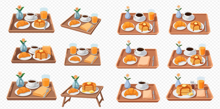 Multiple illustrations of breakfast trays featuring pancakes, croissants, coffee, and orange juice, presented in a clean, vector art style. - Powered by Adobe