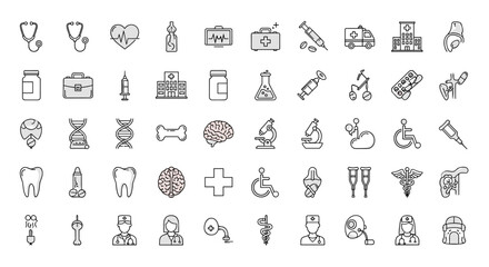 A comprehensive collection of medical and healthcare icons in a clean and modern line style, perfect for design concepts. This set includes symbols for doctors, nurses, hospitals, ambulances