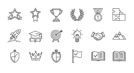Achievement and Success Icon Set: A Vector Graphic Illustration Featuring Ordered Line Icons on a White Background, Representing Goals, Victory, and Milestones for Business and Personal Growth