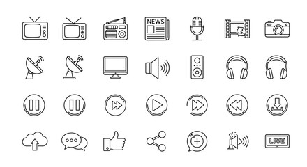 A comprehensive collection of mass media and technology-related outline icons, meticulously designed for a 48x48 pixel grid with editable strokes. This ordered line icon set, presented on a clean