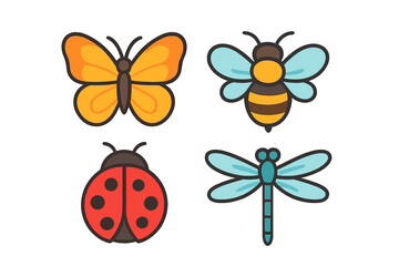 Four simple cartoon drawings of a butterfly, bee, ladybug, and dragonfly collection