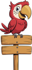 Red parrot, cartoon bird, wooden signpost, colorful feathers, vector illustration, tropical animal, blank sign, children’s art, jungle theme, perched parrot