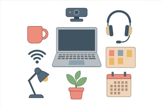 Essential objects collection for remote work and online communication setup