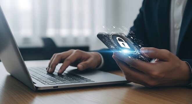 Man using laptop and smartphone with digital padlock for cybersecurity concept