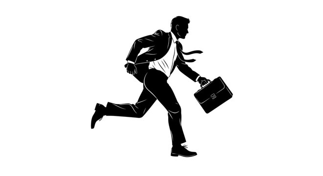 Silhouette of a man in a suit and tie running with a briefcase