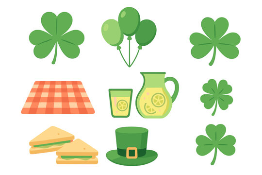 Celebration and picnic items set with shamrocks, leprechaun hat, checkered blanket, lemonade, and sandwiches