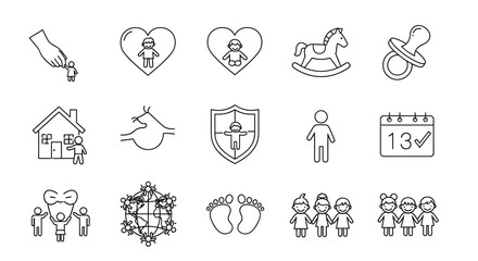 Set of line icons related to child care, international children's day, kid rights, parenthood, outline icon collection, editable stroke, vector illustration. A collection of simple, clean, and modern
