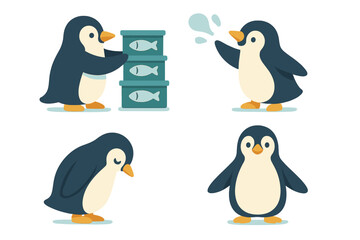 Fototapeta premium Cute cartoon penguin characters performing various actions like stacking fish boxes, waving, and sleeping