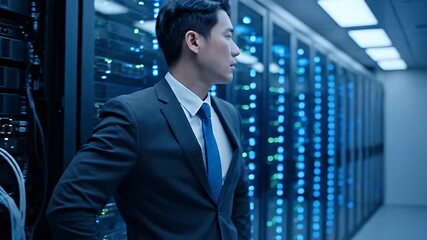 Focused Asian Man in Business Suit Connecting Cables in Dark Server Room with Blue Lighting and Rows of Network Equipment for Data Storage - Powered by Adobe