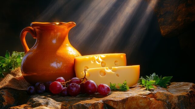 Studio photograph of a striking castle with cheese and spinets against a refined rustic background with natural elements