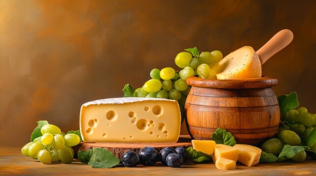 Studio photograph of a striking castle with cheese and spinets against a refined rustic background with natural elements