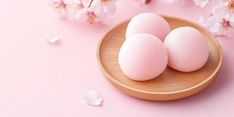 Sweet Pink Japanese Wagashi Desserts with Delicate Sakura Flowers and Petals