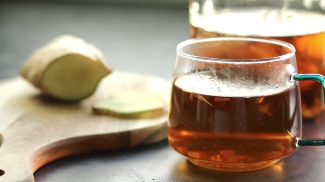 Hot ginger tea in a glass cup with fresh ginger slices, on grey kitchen table 