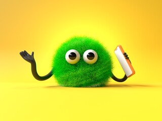 Fluffy, cute monster with a phone, symbolizes tech-savvy assistance. 3D rendering, conceptual image. Isolated on white background.