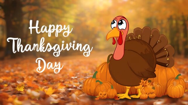 Cute Cartoon Turkey Bird. Happy thanksgiving day. Banner, poster or greeting card design. With pumpkins and falling leaves