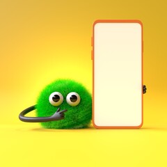 Fluffy, cute monster with a smartphone, symbolizing modern communication. 3D rendering, conceptual image. Isolated on white background.