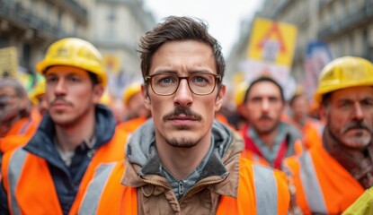 Protesters in safety vests and helmets participating in a demonstration on a city street