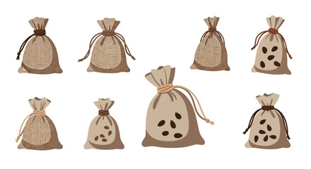 Collection of Burlap Sacks with Drawstrings and Coffee Beans.