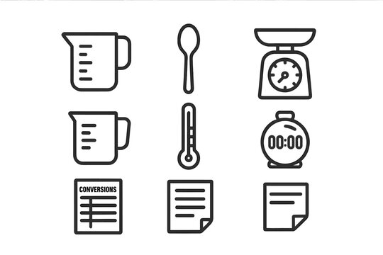 Essential kitchen measurement tools including scale, timer, thermometer, and measuring cups