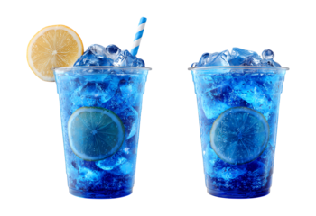 Electric Blue Lemonade Soda Drinks with Ice and Lemon Slice isolated on transparent background