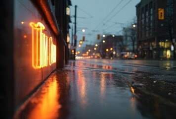 Fototapeta premium Rainy urban street scene at night with wet pavement reflections and glowing neon lights