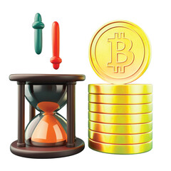 Bitcoin cryptocurrency concept with hourglass, coins, and candlestick charts, representing time and investment.