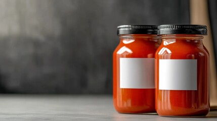 Two Jars of Red Sauce with Blank Labels Packaging Mockup on Dark Background