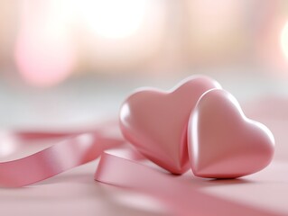 Two Pink Hearts and Ribbon on a Soft Bokeh Background