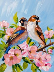 Two small birds perched on a flowering branch with thick impasto paint texture.