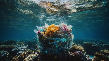 Underwater scene showing plastic waste entangled within a vibrant coral reef ecosystem threatened by warming waters