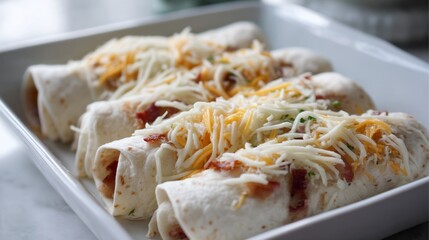 Unbaked Burritos with Shredded Cheese and Bacon in White Baking Dish