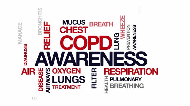 COPD awareness concept Animated Tag Word Cloud kinetic typography, Text Design Animation typography seamless loop video motion graphics Intro, Word Art Looping 4k red blue type on white background bg