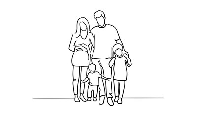 Continuous line happy family on white background. Parents walk with two sons. Line art drawing. Vector illustration	