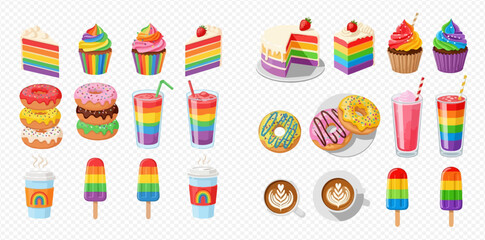 A vibrant collection of rainbow-colored desserts and beverages, including cakes, cupcakes, donuts, milkshakes, popsicles, and coffee, celebrating diversity.