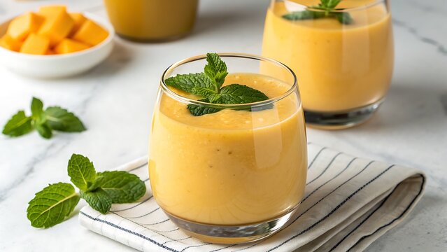 A refreshing mango smoothie in a clear glass, garnished with fresh mint leaves and served with a side of diced mango, perfect for a healthy and delicious beverage option