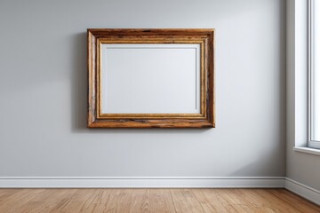 Ornate wooden picture frame hangs centered on a light gray interior wall above a wooden floor