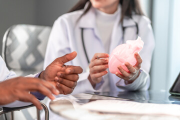 Doctors discussing a heart model for patient healthcare education in a modern clinic office, showing professional teamwork, communication, and digital medical knowledge for treatment understanding.