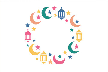 Colorful circular Islamic holiday frame with crescent moons stars and traditional lanterns
