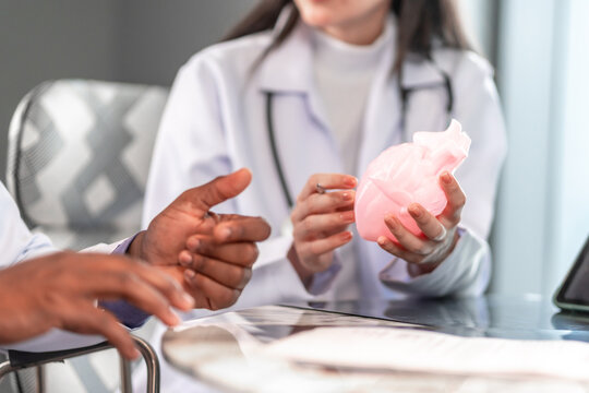 Doctors discussing a heart model for patient healthcare education in a modern clinic office, showing professional teamwork, communication, and digital medical knowledge for treatment understanding.