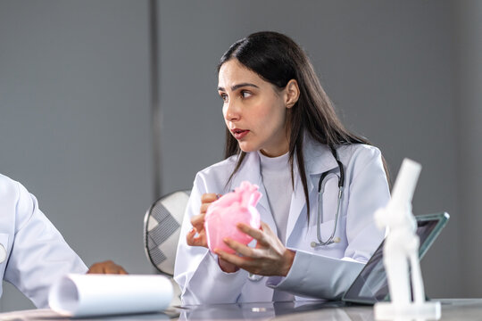 Female doctor explaining a heart model during a medical consultation in a modern clinic office, showing professional healthcare education, teamwork, and digital technology in patient communication. - Powered by Adobe
