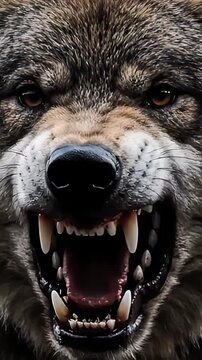 Detailed close up of an angry gray wolf's face. The fierce predator is baring its teeth in a menacing expression, showcasing its sharp fangs